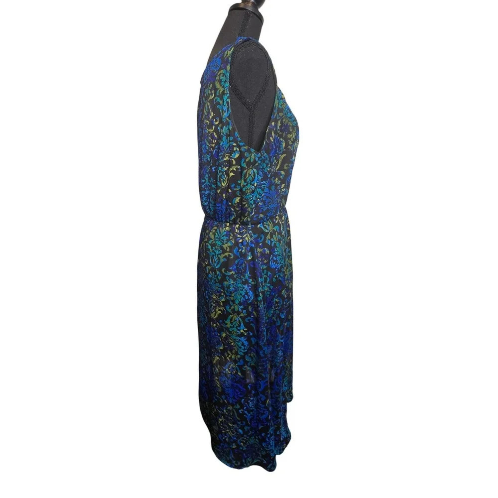 AA‎ Studio Midi Dress Womens 16W Blue Green Damask Sleeveless Chiffon Overlay